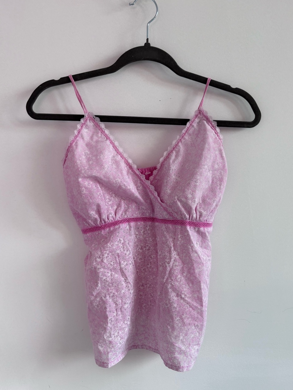 Dainty Floral Print Feminine Pink Lace-Trim Women's Cotton Camisole Medium